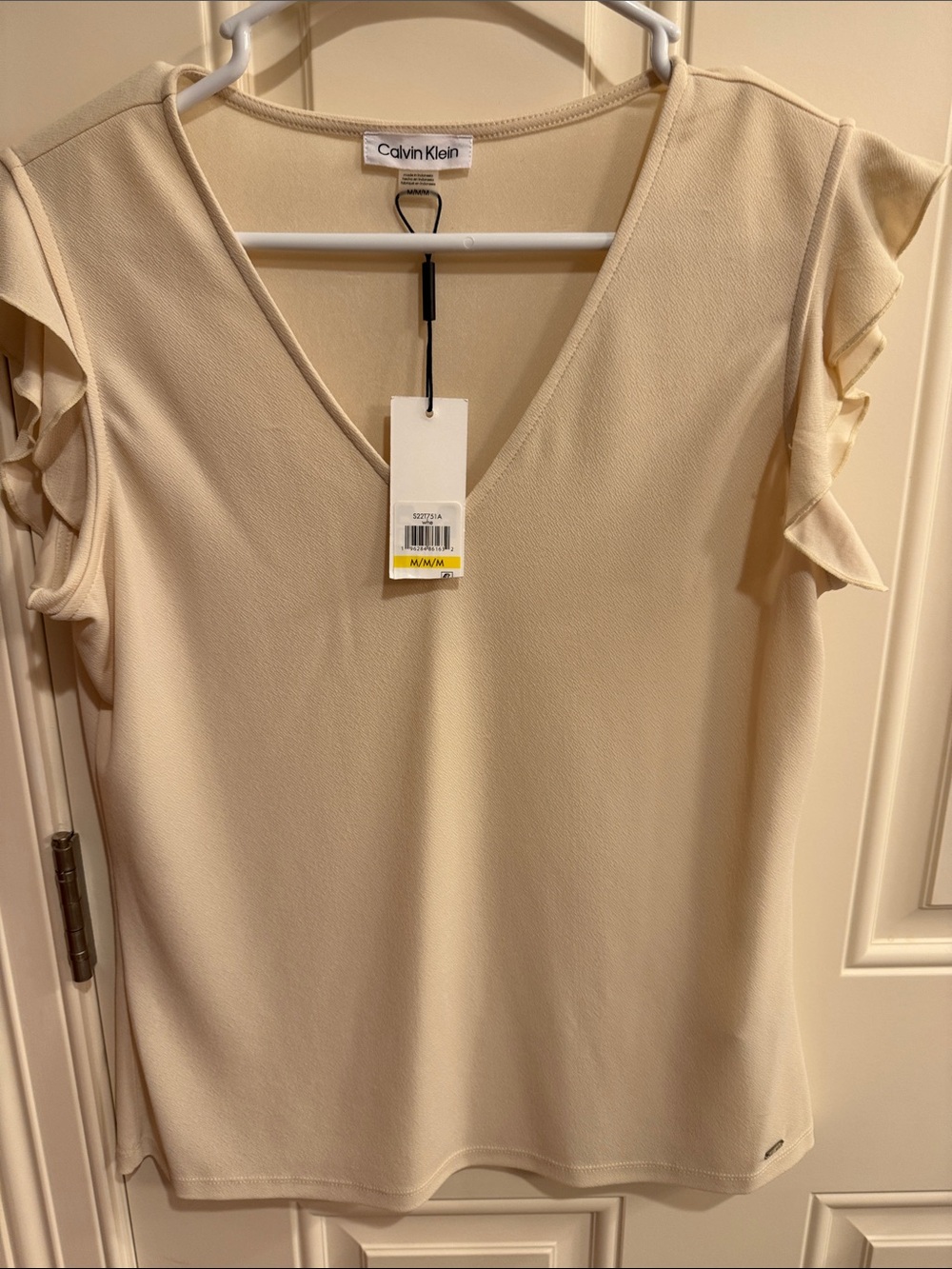 Calvin Klein Cream V-Neck Ruffle Sleeve Blouse